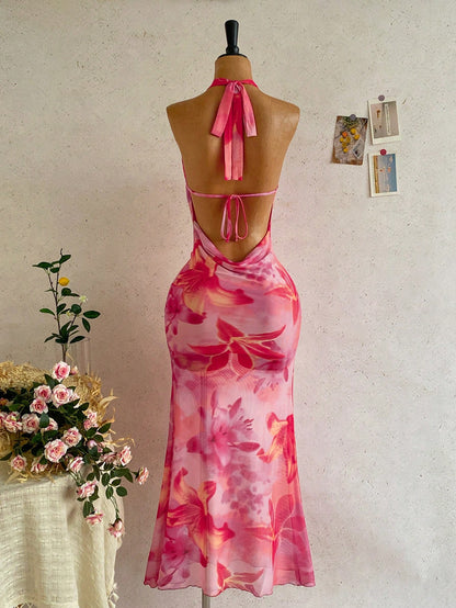 Ure Wave Women Halter Tie-Up Patchwork Cup Metallic Floral Plunging Dress,Boho Pink Floral Summer Vacation,Hibiscus Beach Cruise Party Outfit No Chest Padding