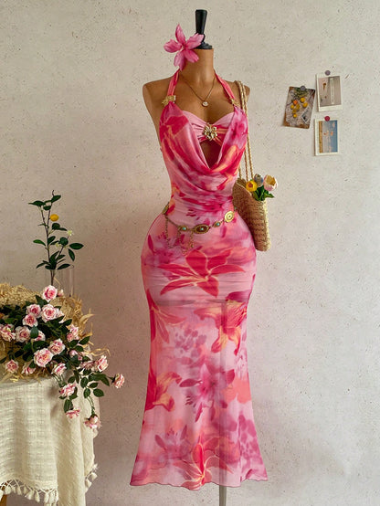Ure Wave Women Halter Tie-Up Patchwork Cup Metallic Floral Plunging Dress,Boho Pink Floral Summer Vacation,Hibiscus Beach Cruise Party Outfit No Chest Padding