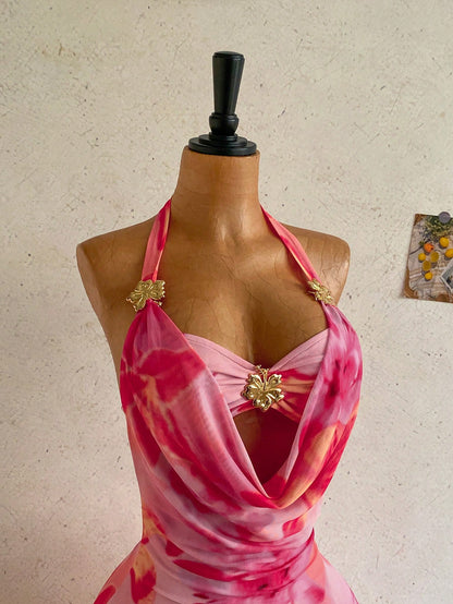 Ure Wave Women Halter Tie-Up Patchwork Cup Metallic Floral Plunging Dress,Boho Pink Floral Summer Vacation,Hibiscus Beach Cruise Party Outfit No Chest Padding