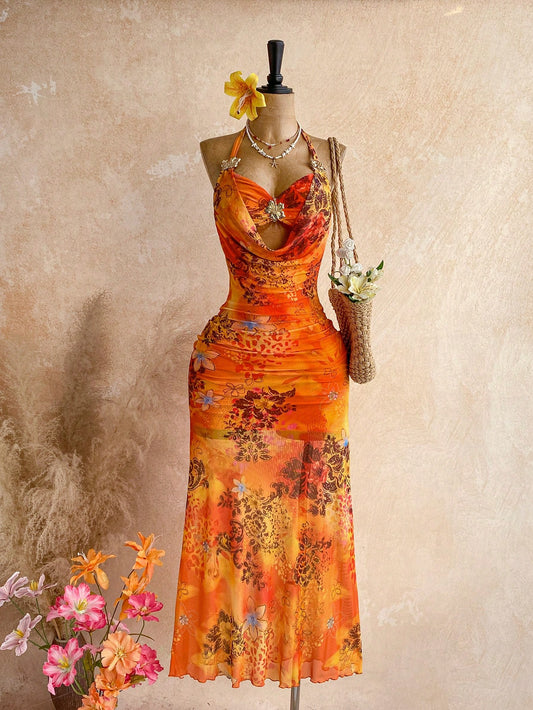 Ure Wave Women's Floral Print Metal Decor Halter Tie Sexy Tropical Vacation Date Beach Vacation Dress,Party Dresses For Women Orange Summer