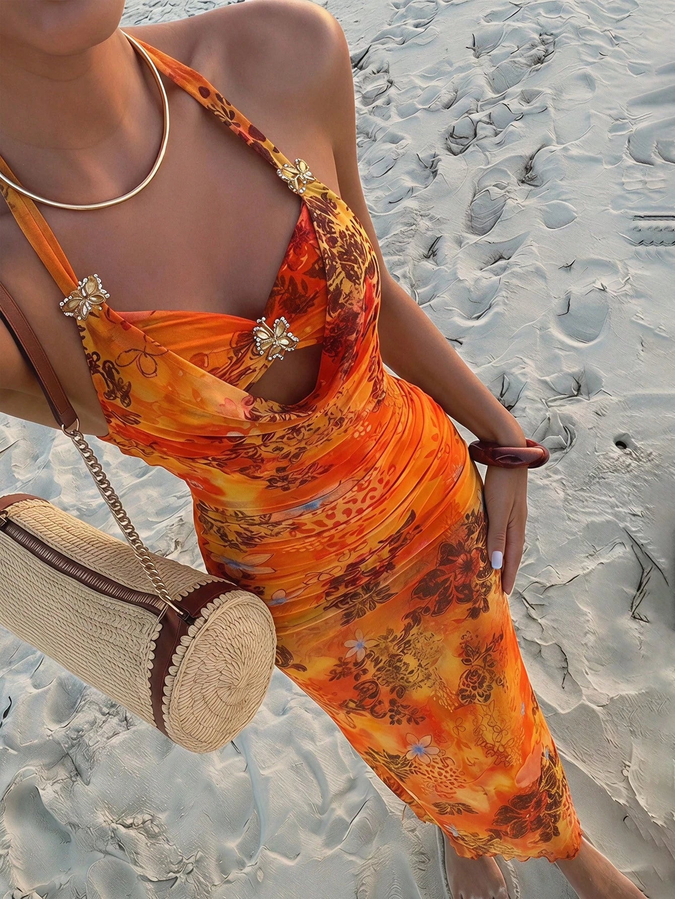 Ure Wave Women's Floral Print Metal Decor Halter Tie Sexy Tropical Vacation Date Beach Vacation Dress,Party Dresses For Women Orange Summer