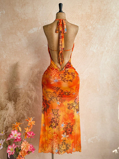 Ure Wave Women's Floral Print Metal Decor Halter Tie Sexy Tropical Vacation Date Beach Vacation Dress,Party Dresses For Women Orange Summer