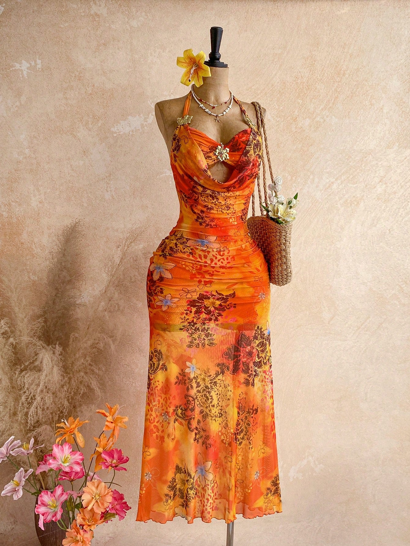 Ure Wave Women's Floral Print Metal Decor Halter Tie Sexy Tropical Vacation Date Beach Vacation Dress,Party Dresses For Women Orange Summer