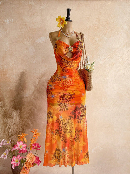 Ure Wave Women's Floral Print Metal Decor Halter Tie Sexy Tropical Vacation Date Beach Vacation Dress,Party Dresses For Women Orange Summer