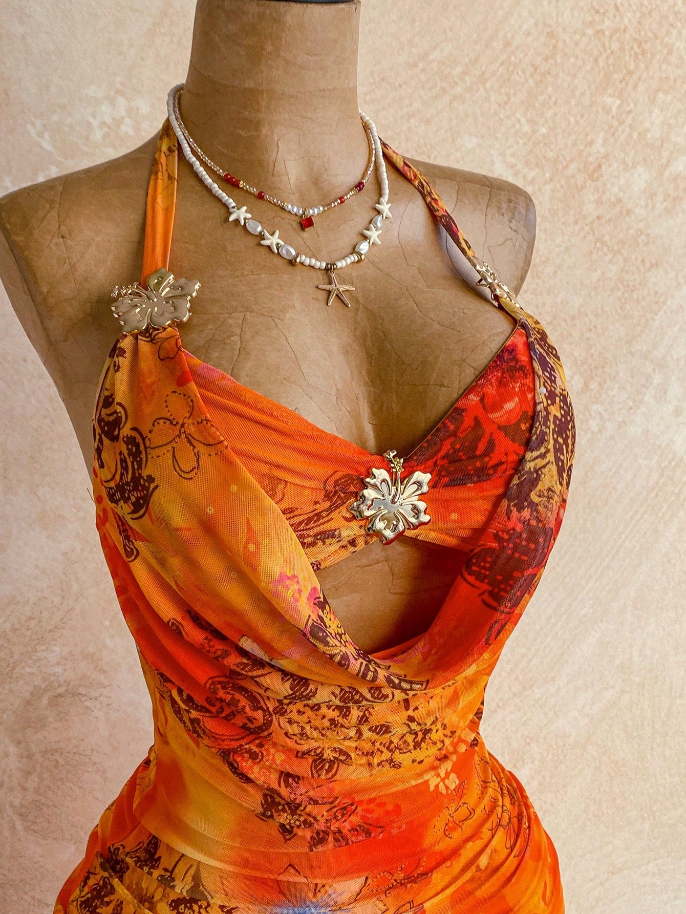 Ure Wave Women's Floral Print Metal Decor Halter Tie Sexy Tropical Vacation Date Beach Vacation Dress,Party Dresses For Women Orange Summer