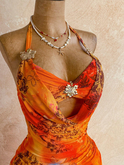 Ure Wave Women's Floral Print Metal Decor Halter Tie Sexy Tropical Vacation Date Beach Vacation Dress,Party Dresses For Women Orange Summer