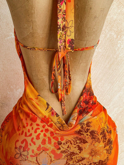 Ure Wave Women's Floral Print Metal Decor Halter Tie Sexy Tropical Vacation Date Beach Vacation Dress,Party Dresses For Women Orange Summer