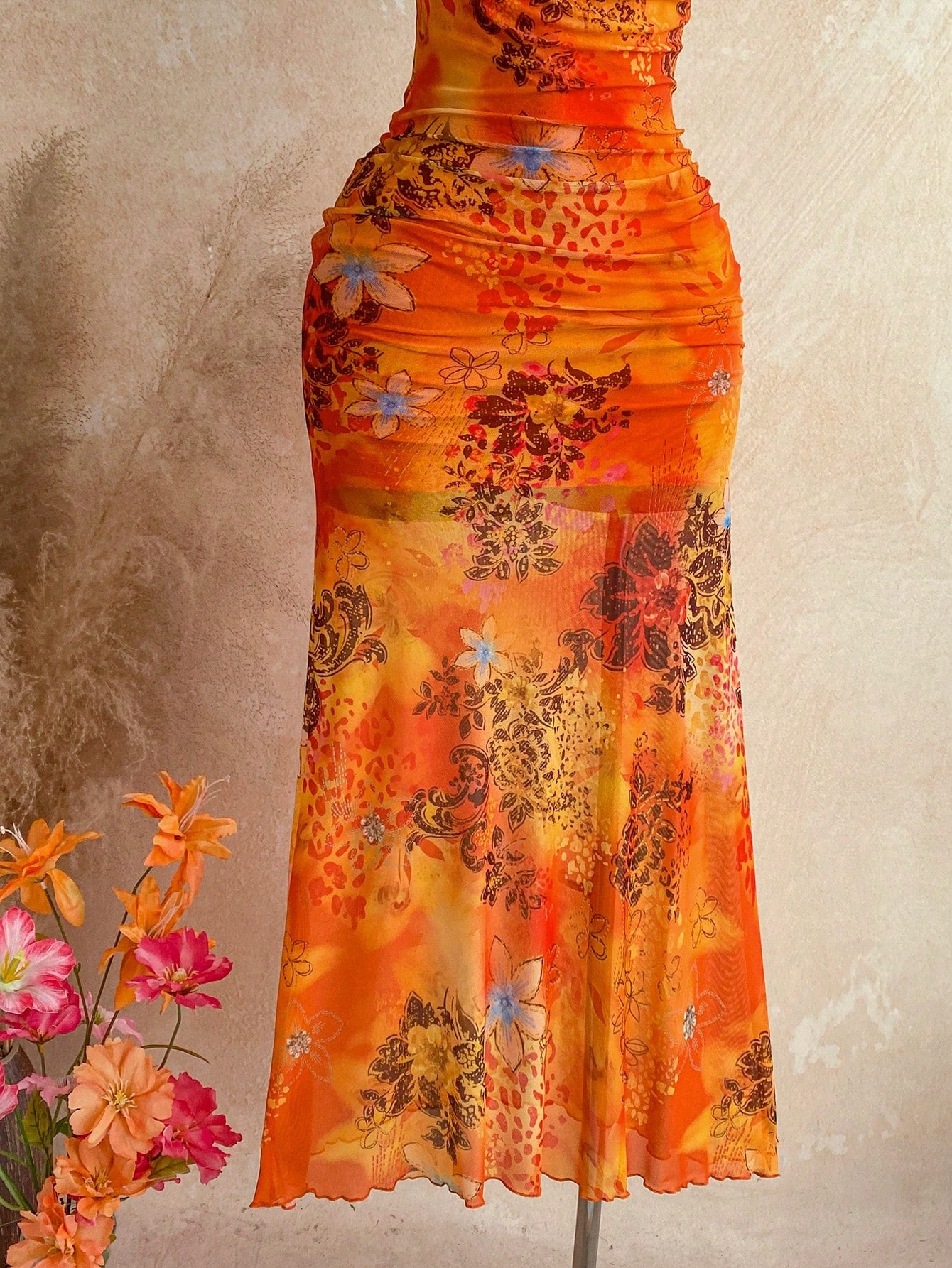 Ure Wave Women's Floral Print Metal Decor Halter Tie Sexy Tropical Vacation Date Beach Vacation Dress,Party Dresses For Women Orange Summer