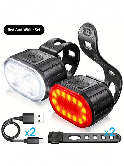 USB Rechargeable LED Light Set, Ultra Bright Front And Rear Lights, 4/6 Modes, Night Riding Lights, Safety Warning Lights, Front And Rear Illumination, Warning Flashing Cycling Gear, Handlebar Mount