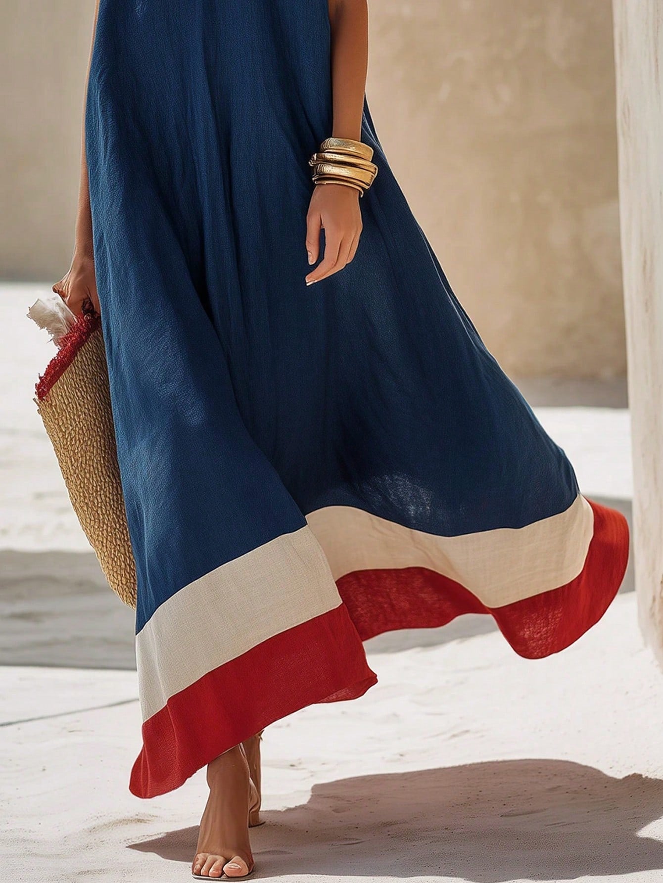 Vacation Casual Colorblock Striped Long Dress