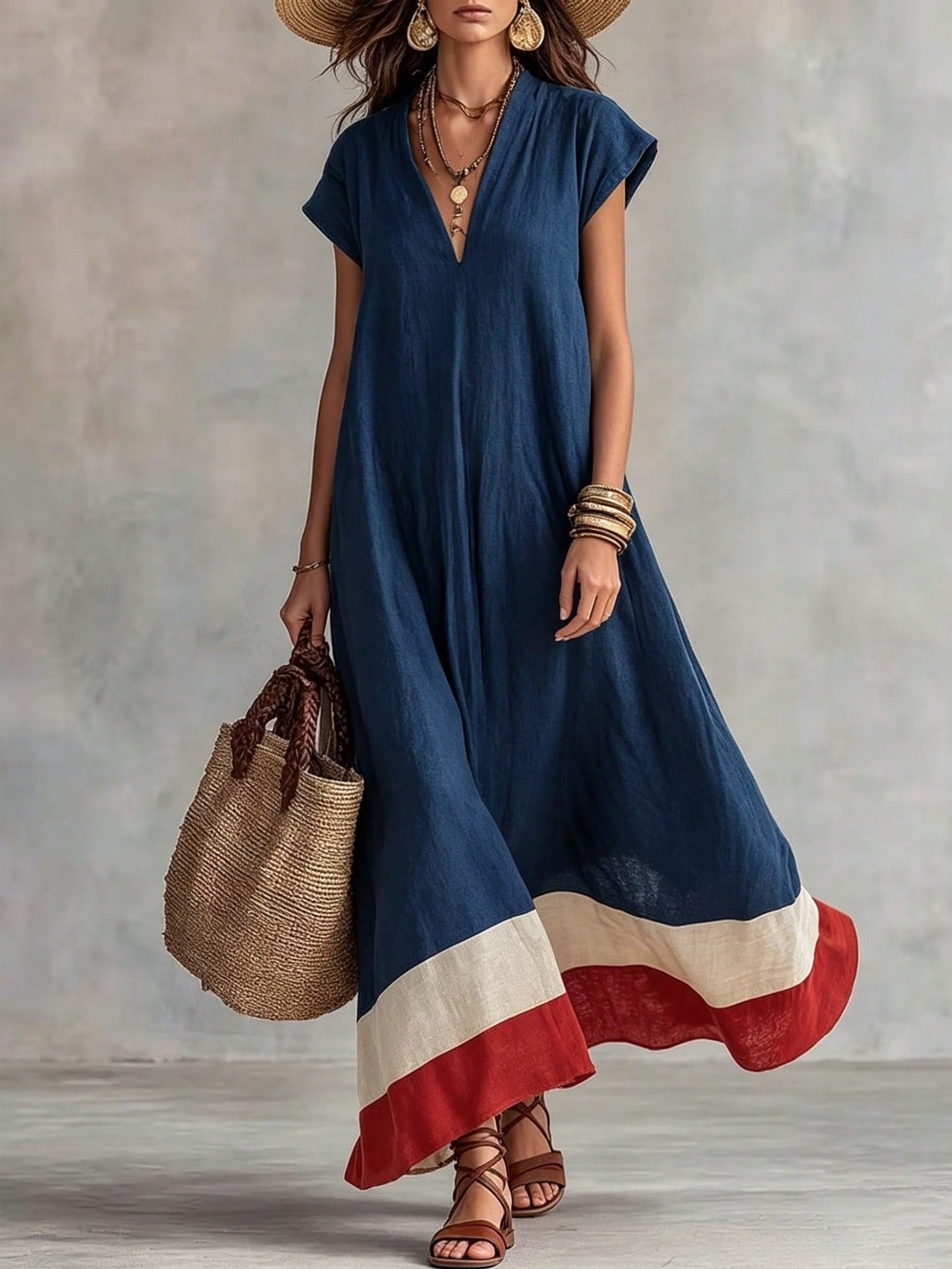 Vacation Casual Colorblock Striped Long Dress
