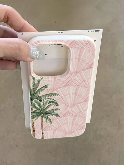 Vacation Style Fashion TPU 1pc Minimalist Pink Full-Screen Coconut Tree & Pink Shell Pattern Phone Case Soft TPU Shockproof Anti-Scratch Protective Cover Compatible With IPhone 11/12/13/14/14Plus/15/1