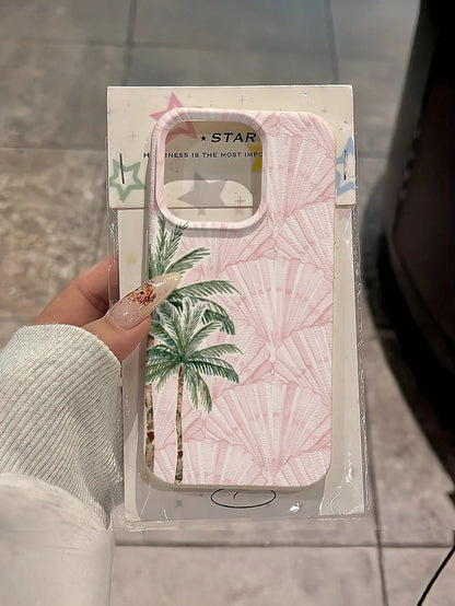 Vacation Style Fashion TPU 1pc Minimalist Pink Full-Screen Coconut Tree & Pink Shell Pattern Phone Case Soft TPU Shockproof Anti-Scratch Protective Cover Compatible With IPhone 11/12/13/14/14Plus/15/1