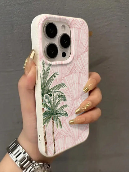 Vacation Style Fashion TPU 1pc Minimalist Pink Full-Screen Coconut Tree & Pink Shell Pattern Phone Case Soft TPU Shockproof Anti-Scratch Protective Cover Compatible With IPhone 11/12/13/14/14Plus/15/1