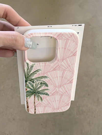 Vacation Style Fashion TPU 1pc Minimalist Pink Full-Screen Coconut Tree & Pink Shell Pattern Phone Case Soft TPU Shockproof Anti-Scratch Protective Cover Compatible With IPhone 11/12/13/14/14Plus/15/1