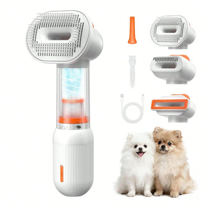 Vacuum Dog Brush For Shedding, Mess-Free Grooming| 4-In-1 Grooming, Traps Loose Hair, Self-Cleaning, Slicker Brush, Low Noise, Dogs & Cats, Short & Medium Coats
