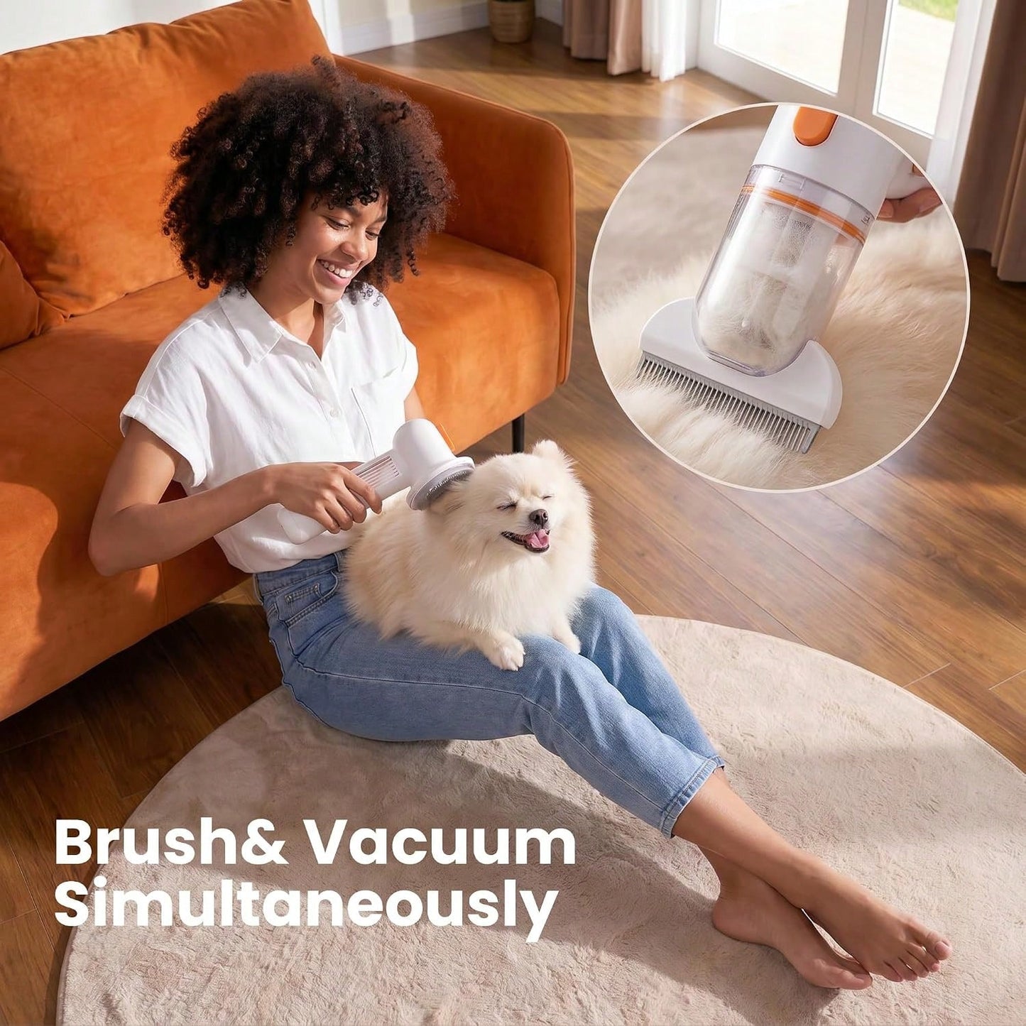 Vacuum Dog Brush For Shedding, Mess-Free Grooming| 4-In-1 Grooming, Traps Loose Hair, Self-Cleaning, Slicker Brush, Low Noise, Dogs & Cats, Short & Medium Coats