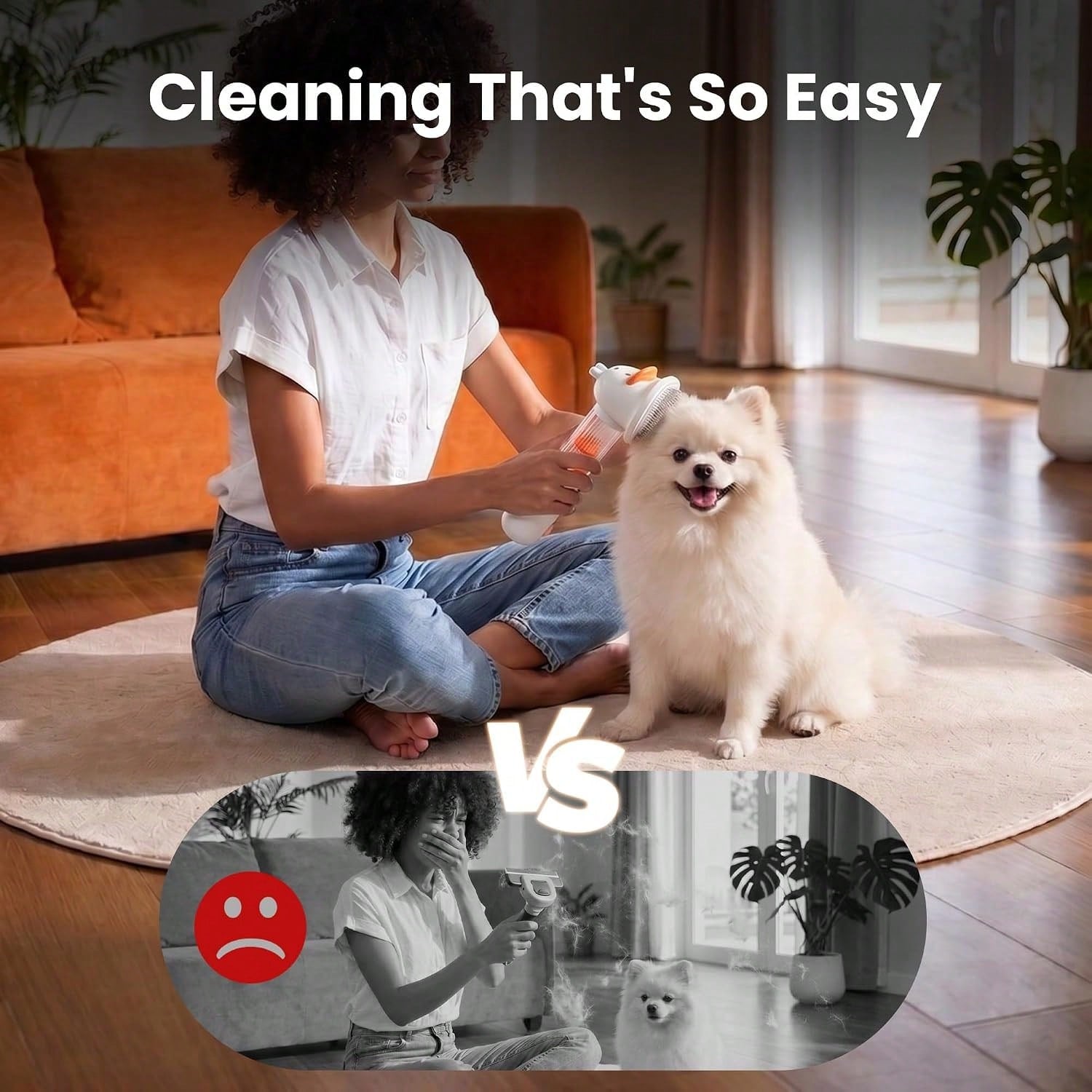 Vacuum Dog Brush For Shedding, Mess-Free Grooming| 4-In-1 Grooming, Traps Loose Hair, Self-Cleaning, Slicker Brush, Low Noise, Dogs & Cats, Short & Medium Coats