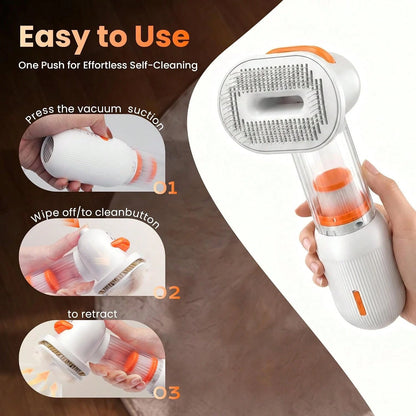 Vacuum Dog Brush For Shedding, Mess-Free Grooming| 4-In-1 Grooming, Traps Loose Hair, Self-Cleaning, Slicker Brush, Low Noise, Dogs & Cats, Short & Medium Coats