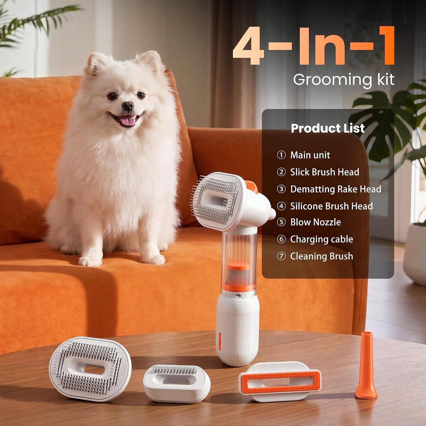 Vacuum Dog Brush For Shedding, Mess-Free Grooming| 4-In-1 Grooming, Traps Loose Hair, Self-Cleaning, Slicker Brush, Low Noise, Dogs & Cats, Short & Medium Coats