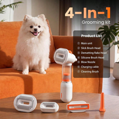 Vacuum Dog Brush For Shedding, Mess-Free Grooming| 4-In-1 Grooming, Traps Loose Hair, Self-Cleaning, Slicker Brush, Low Noise, Dogs & Cats, Short & Medium Coats