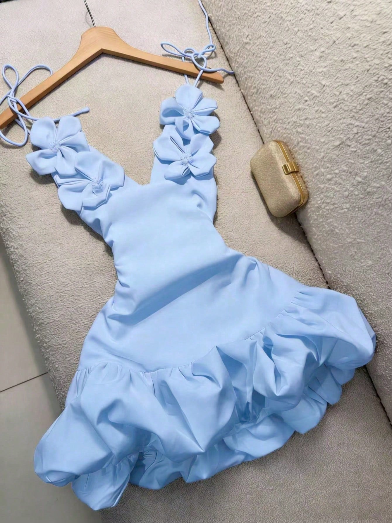 Valentine's Day Party Cocktail Dress, Puff Dress, 3D Floral Strap Mini Dress Summer Elegant