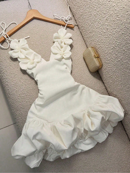 Valentine's Day Party Cocktail Dress, Puff Dress, 3D Floral Strap Mini Dress Summer Elegant