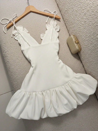 Valentine's Day Party Cocktail Dress, Puff Dress, 3D Floral Strap Mini Dress Summer Elegant