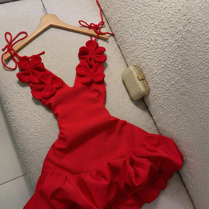 Valentine's Day Party Cocktail Dress, Puff Dress, 3D Floral Strap Mini Dress Summer Elegant