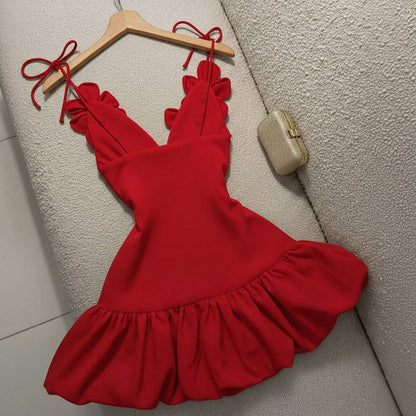 Valentine's Day Party Cocktail Dress, Puff Dress, 3D Floral Strap Mini Dress Summer Elegant