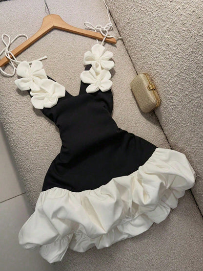 Valentine's Day Party Cocktail Dress, Puff Dress, 3D Floral Strap Mini Dress Summer Elegant