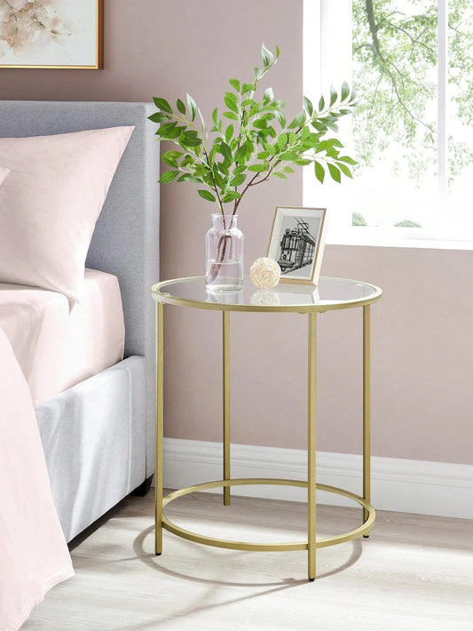 VASAGLE Round Side Table, Glass End Table With Metal Frame, Gold Coffee Table With Modern Style For Living Room, Balcony, Bedroom