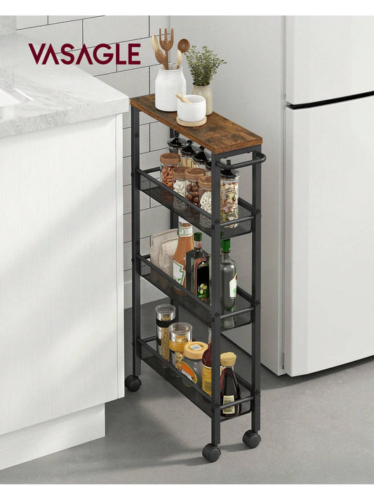VASAGLE Slim Storage Cart, 4-Tier Rolling Cart Tower, Slide Out Cart With Handle Metal Mobile Shelving Unit For Kitchen Dining Living Room Office Narrow Places