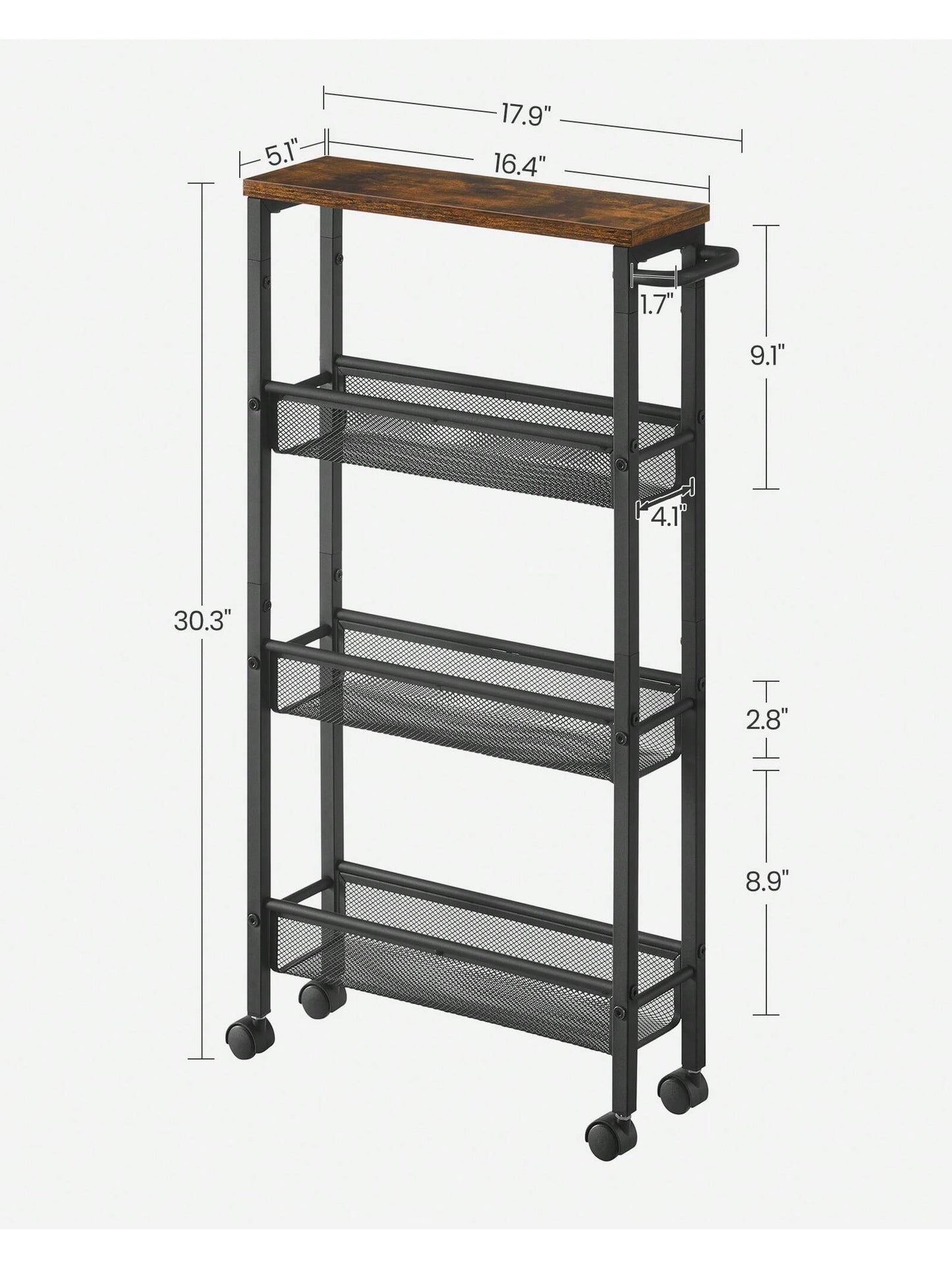 VASAGLE Slim Storage Cart, 4-Tier Rolling Cart Tower, Slide Out Cart With Handle Metal Mobile Shelving Unit For Kitchen Dining Living Room Office Narrow Places