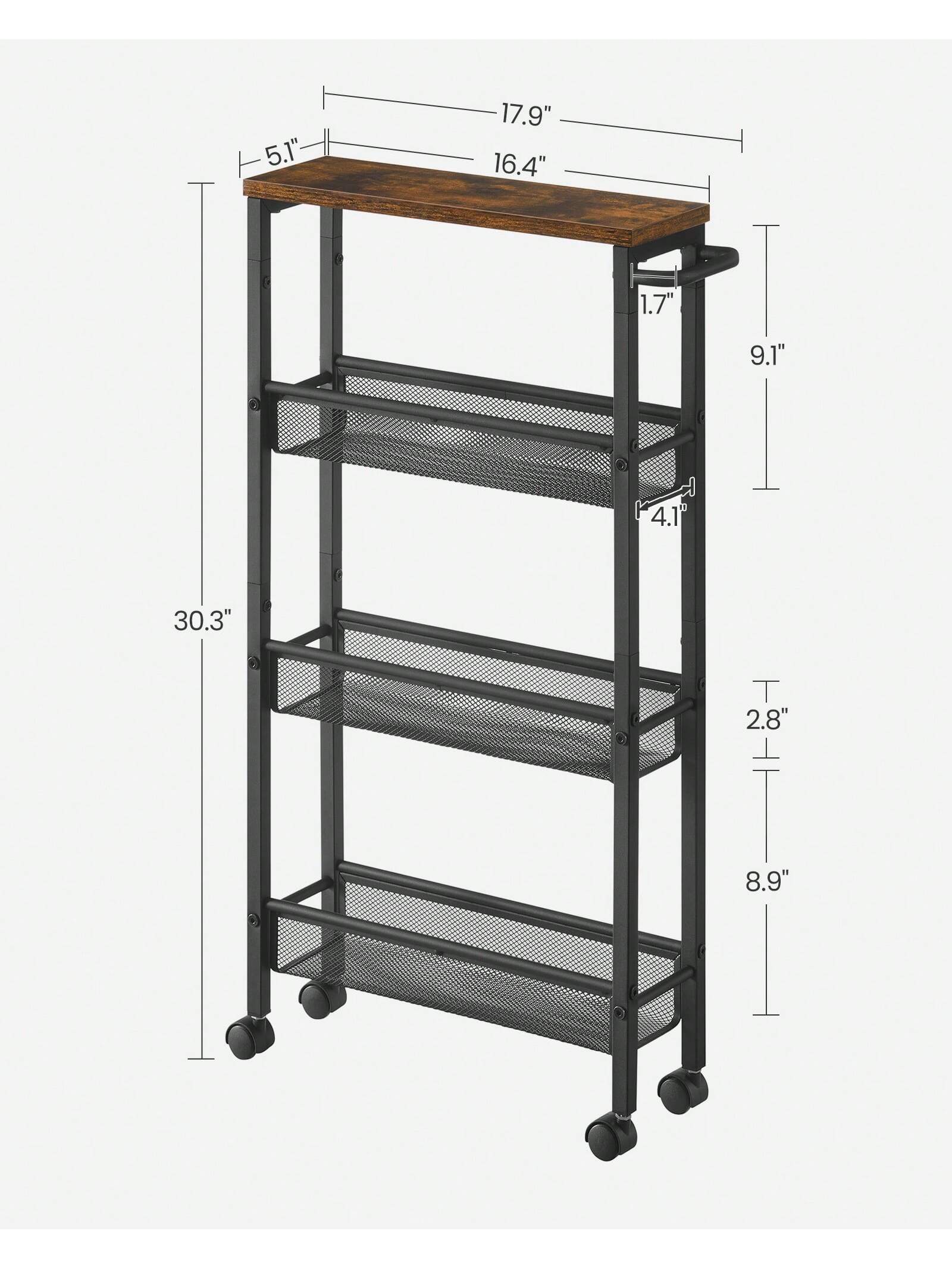 VASAGLE Slim Storage Cart, 4-Tier Rolling Cart Tower, Slide Out Cart With Handle Metal Mobile Shelving Unit For Kitchen Dining Living Room Office Narrow Places