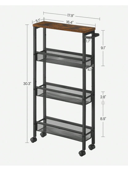 VASAGLE Slim Storage Cart, 4-Tier Rolling Cart Tower, Slide Out Cart With Handle Metal Mobile Shelving Unit For Kitchen Dining Living Room Office Narrow Places