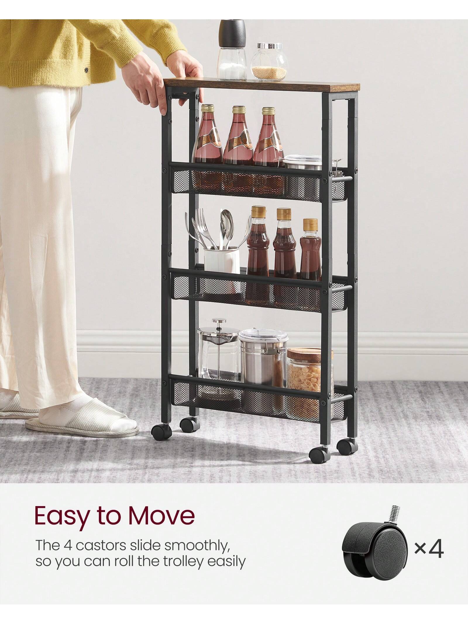 VASAGLE Slim Storage Cart, 4-Tier Rolling Cart Tower, Slide Out Cart With Handle Metal Mobile Shelving Unit For Kitchen Dining Living Room Office Narrow Places