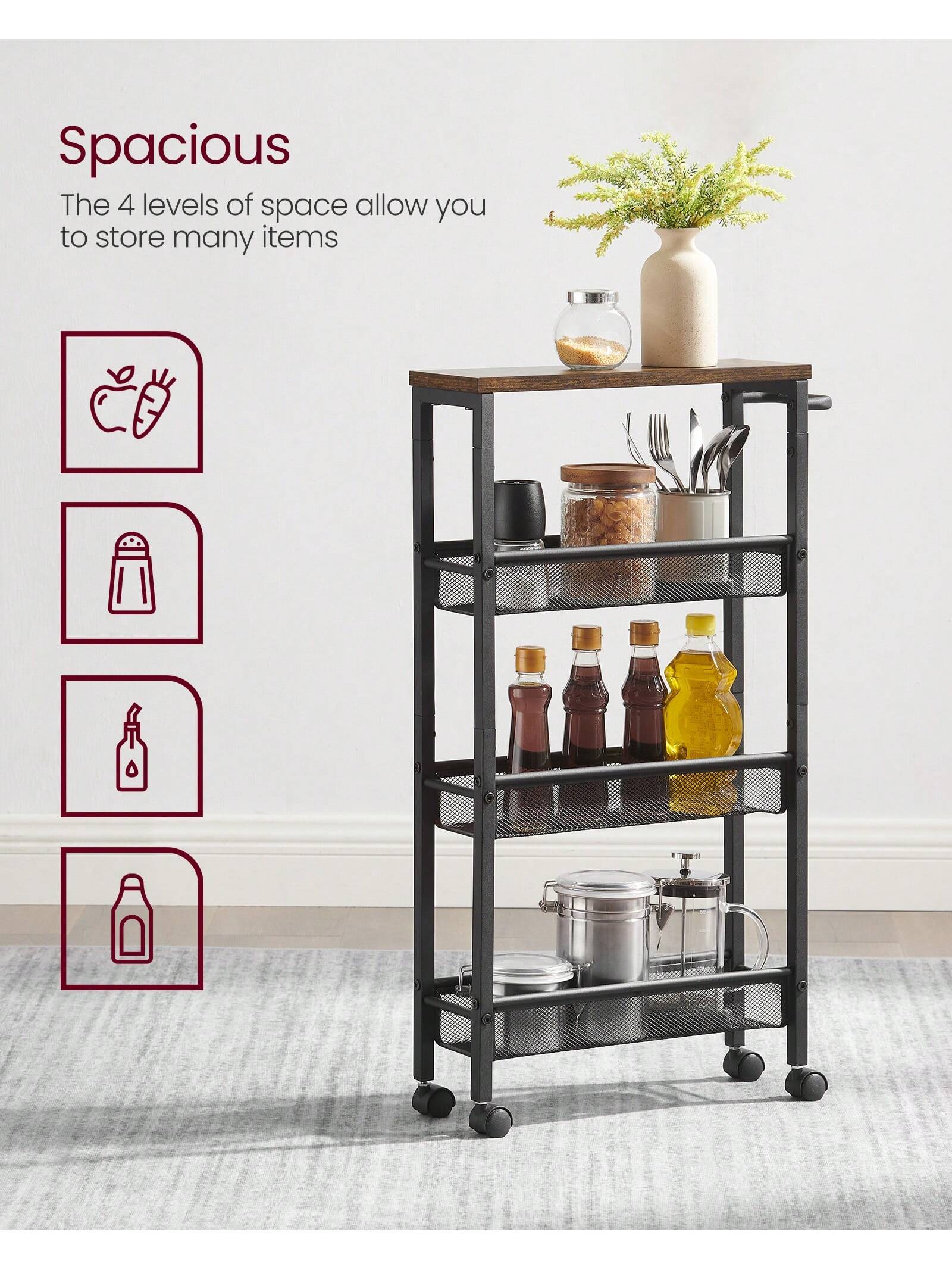 VASAGLE Slim Storage Cart, 4-Tier Rolling Cart Tower, Slide Out Cart With Handle Metal Mobile Shelving Unit For Kitchen Dining Living Room Office Narrow Places