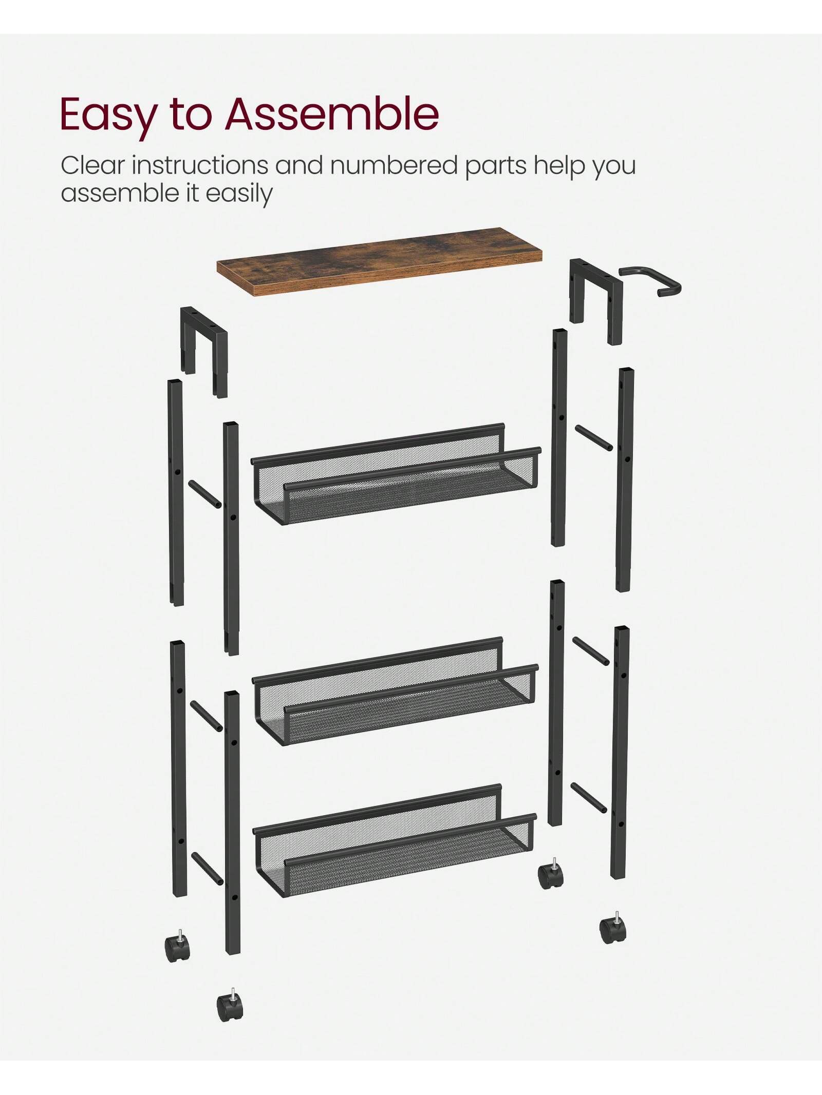 VASAGLE Slim Storage Cart, 4-Tier Rolling Cart Tower, Slide Out Cart With Handle Metal Mobile Shelving Unit For Kitchen Dining Living Room Office Narrow Places