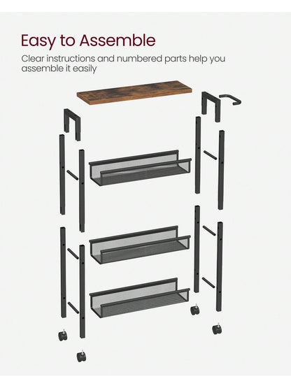 VASAGLE Slim Storage Cart, 4-Tier Rolling Cart Tower, Slide Out Cart With Handle Metal Mobile Shelving Unit For Kitchen Dining Living Room Office Narrow Places