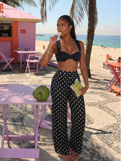 Vaytide Women's Polka Dot Print Loose Cover-Up Top And Pants Set For Vacation