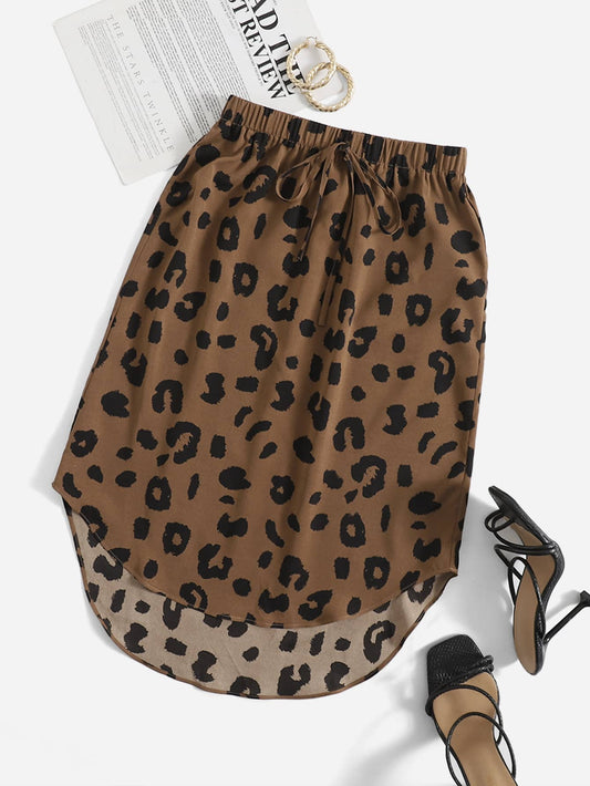 VCAY Leopard Print Knot Front Curved Hem A-line Skirt