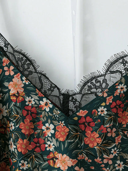 VCAY Plus Size Spaghetti Strap Lace Edged Ditsy Floral Minimalistic 70s Sequin Eleganza Fashion Tank Top, Suitable For Summer Party Vacation Dark Green