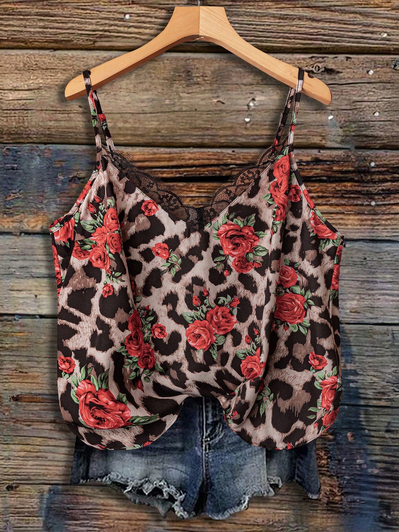 VCAY Plus Size Spaghetti Strap Lace Edged Ditsy Floral Minimalistic 70s Sequin Eleganza Fashion Tank Top, Suitable For Summer Party Vacation Dark Green