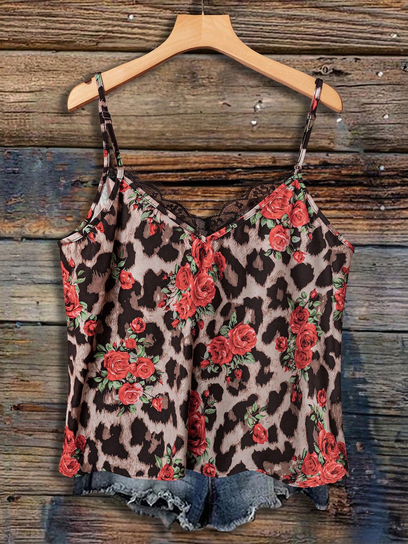 VCAY Plus Size Spaghetti Strap Lace Edged Ditsy Floral Minimalistic 70s Sequin Eleganza Fashion Tank Top, Suitable For Summer Party Vacation Dark Green