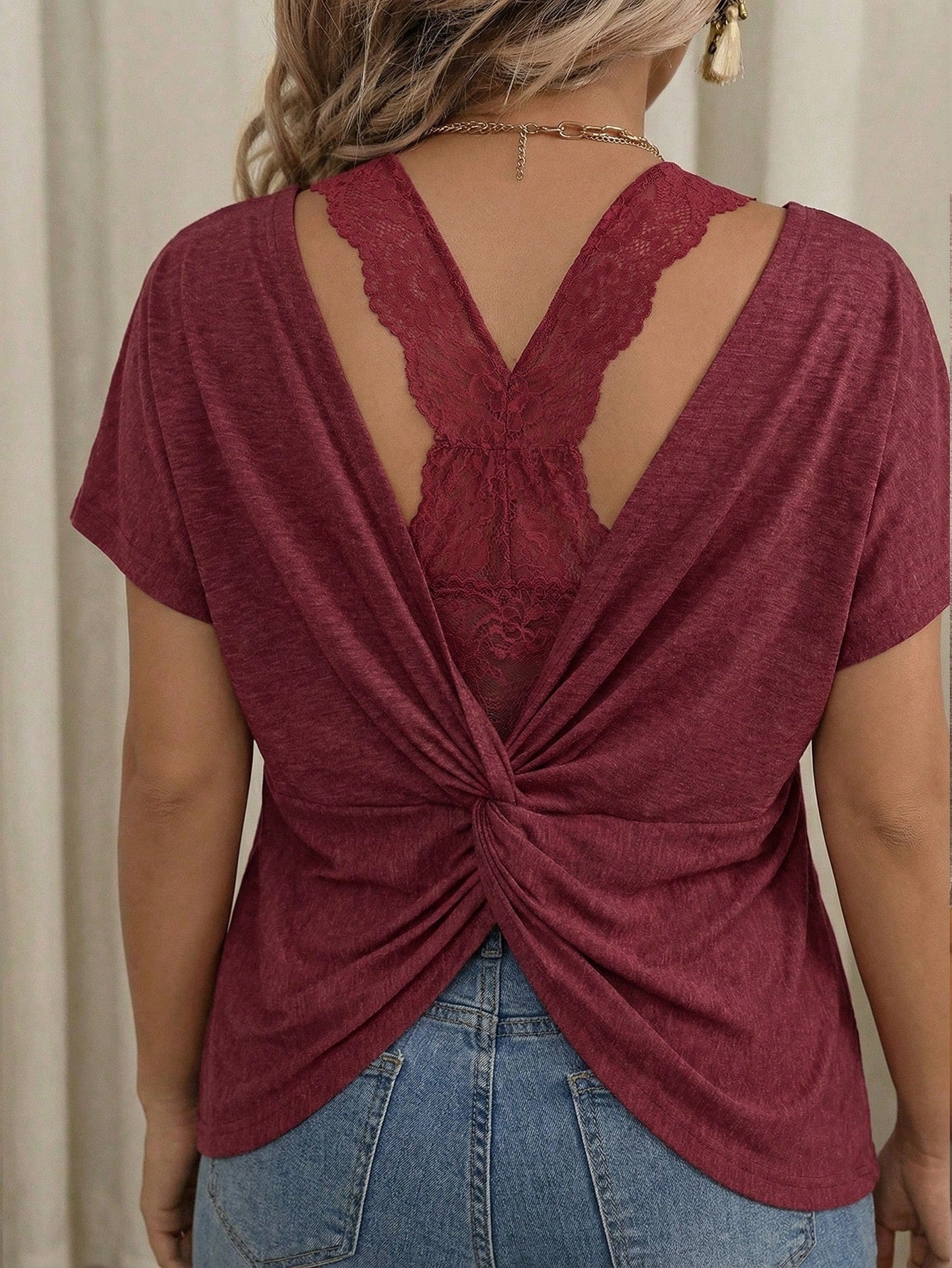 VCAY Plus Size Women's Solid Color Round Neck Criss-Cross Back Casual Versatile Daily Wear Short Sleeve T-Shirt