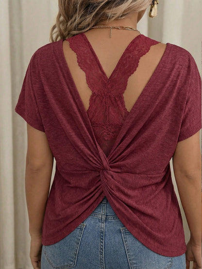 VCAY Plus Size Women's Solid Color Round Neck Criss-Cross Back Casual Versatile Daily Wear Short Sleeve T-Shirt