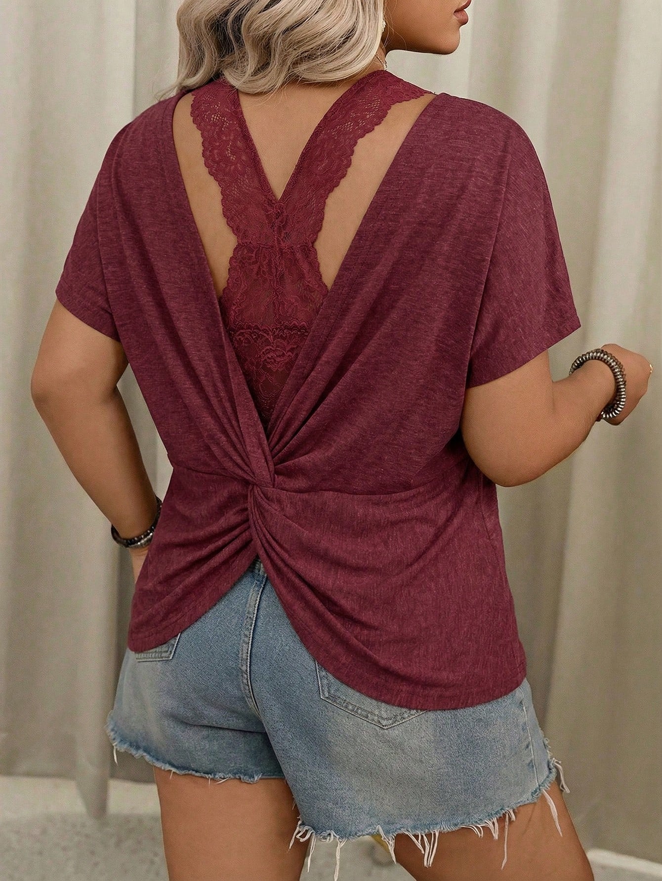 VCAY Plus Size Women's Solid Color Round Neck Criss-Cross Back Casual Versatile Daily Wear Short Sleeve T-Shirt