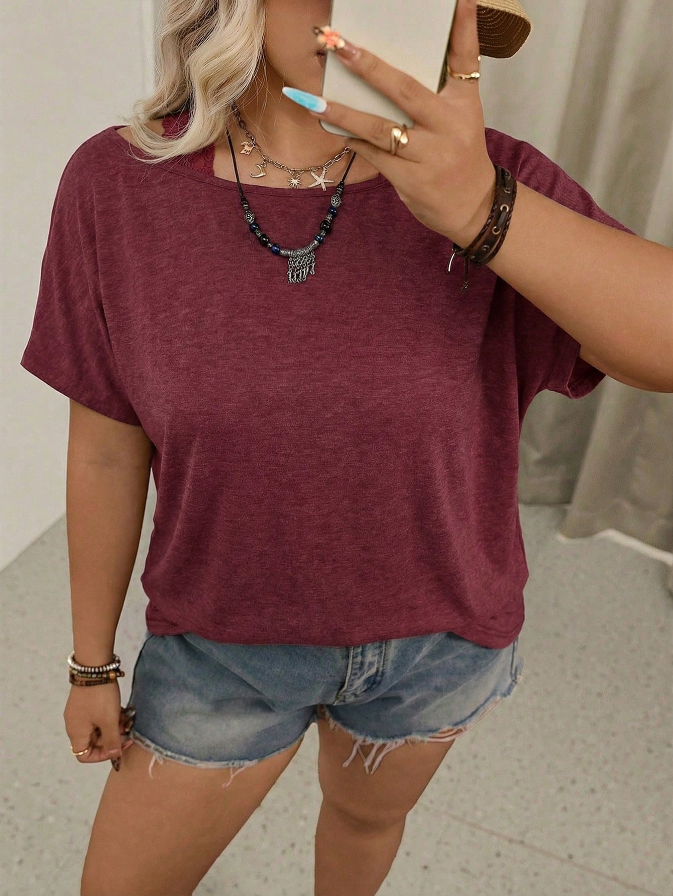 VCAY Plus Size Women's Solid Color Round Neck Criss-Cross Back Casual Versatile Daily Wear Short Sleeve T-Shirt
