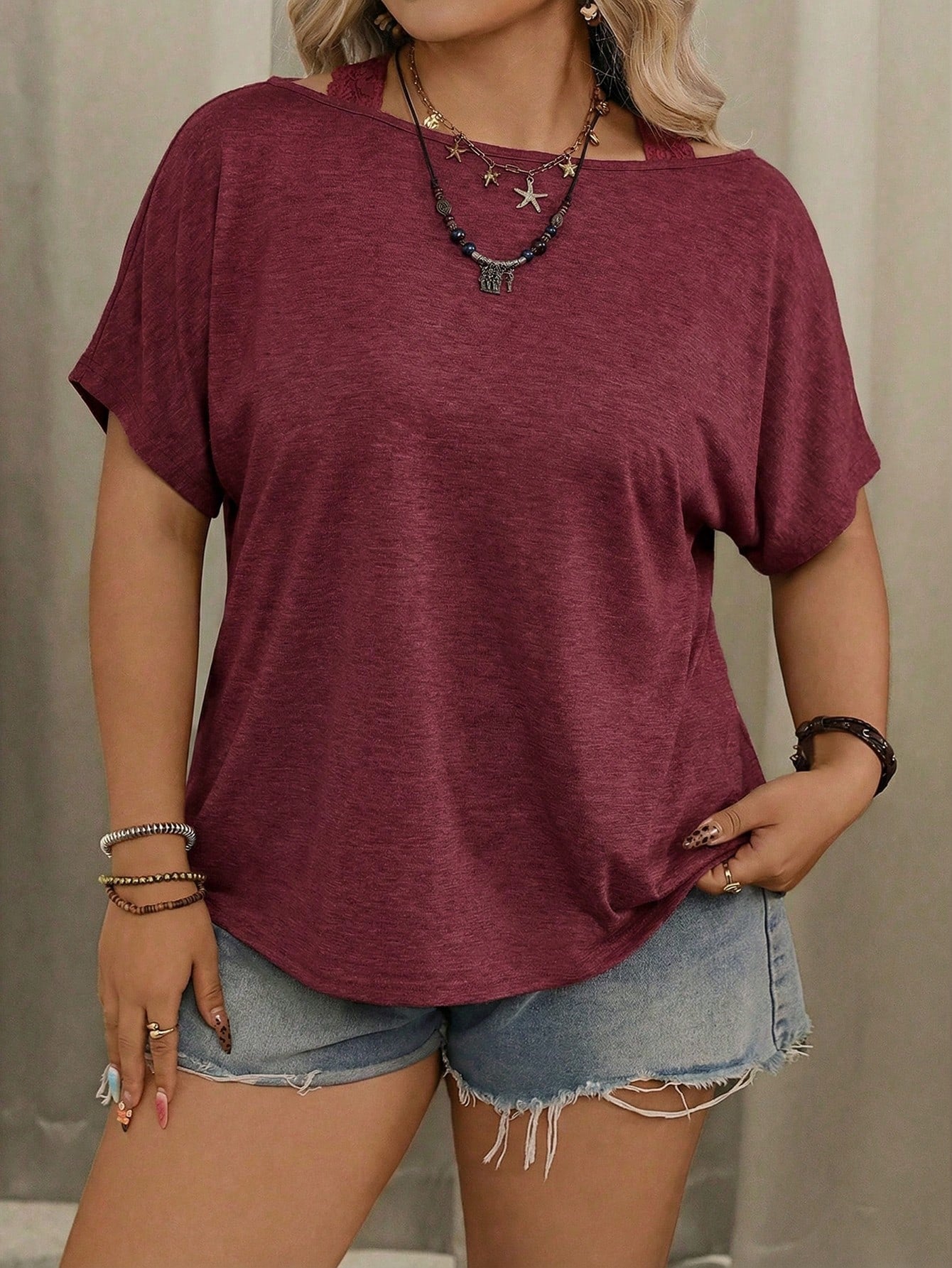 VCAY Plus Size Women's Solid Color Round Neck Criss-Cross Back Casual Versatile Daily Wear Short Sleeve T-Shirt